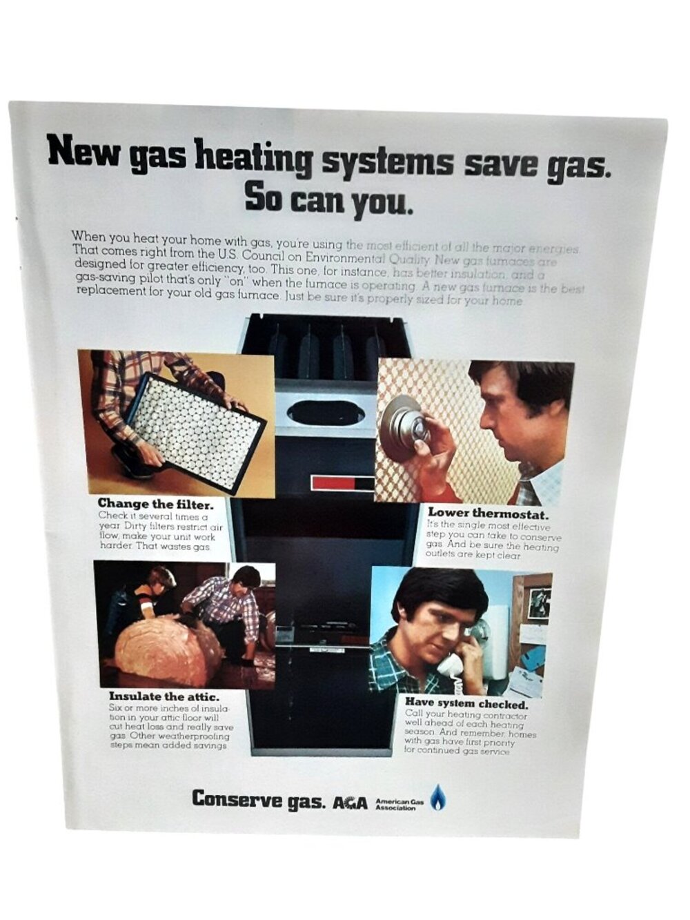 1977 American Gas Association Ad Gas Heating System Energy Conservation Print